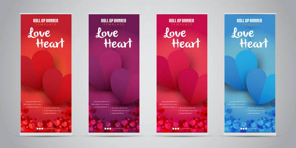 爱的心业务滚动横幅与4种不同颜色 红色, 紫色, 粉红色洋红, 蓝色。矢量插图