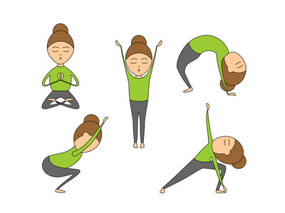 课堂或工作室的女性瑜伽练习. 孤立白色背景卡通风格矢量插图照片