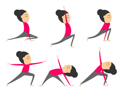 矢量瑜伽姿势的健康和灵活性。 瑜伽体式的收藏。 课堂或工作室的女性瑜伽练习。 孤立白色背景卡通风格矢量插图