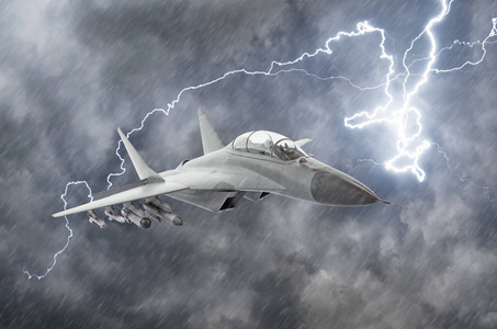 军用战斗机在高速飞行, 在恶劣天气, 雨和雷暴闪电高照片