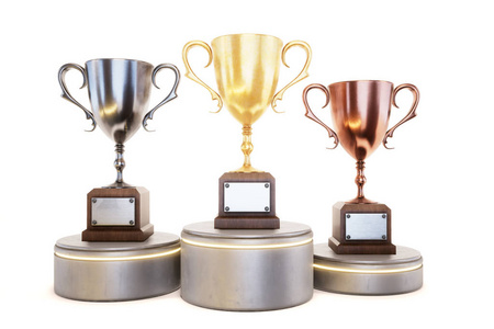 三杯冠军在白色背景上被隔绝的领奖台.3d照片