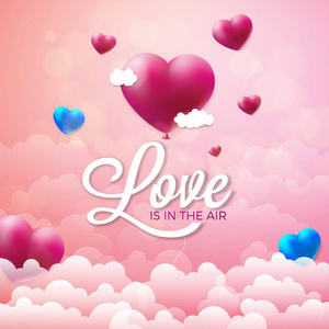 快乐情人节插画与红心气球粉红色云背景。矢量爱是在空气中设计的贺卡, 聚会请柬或促销横幅