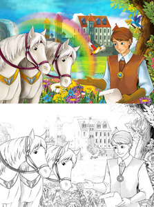 卡通场景，王子或国王靠近一些美丽的彩虹瀑布，中世纪城堡插图为儿童。