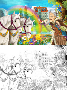 卡通童话场景中，年长的女人在田野上盛开着鲜花，靠近小瀑布，五颜六色的彩虹和大城堡，为孩子们提供彩色页面插图