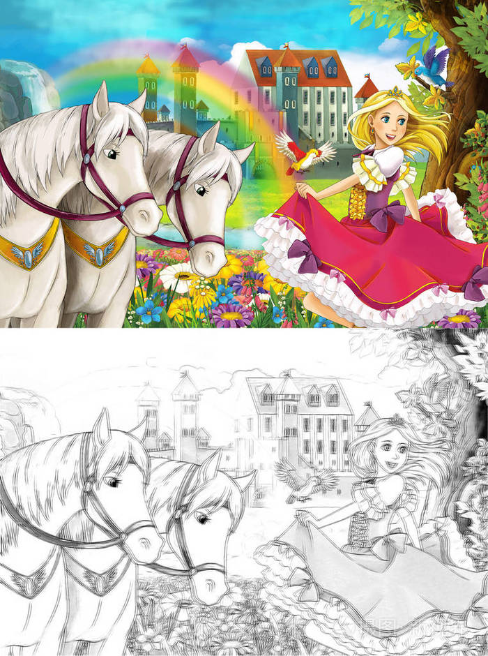 在美丽的中世纪城堡瀑布和彩虹附近观看两匹白马的年轻公主的卡通场景