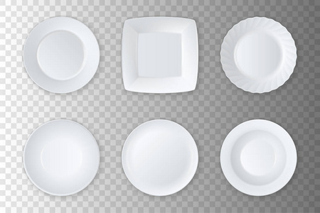 现实的矢量白色空盘子, 盘子和碗图标设置特写隔离在透明网格上。厨具用具。设计模板, 模拟图形, 打印等。顶部视图