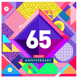 65年贺卡周年纪念，有五颜六色的数字和框架。 标志和图标与孟菲斯风格封面和设计模板