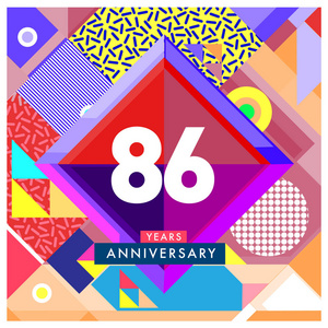 86年贺卡周年纪念，有五颜六色的数字和框架。 标志和图标与孟菲斯风格封面和设计模板