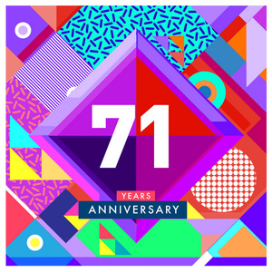 71年贺卡周年纪念，有五颜六色的数字和框架。 标志和图标与孟菲斯风格封面和设计模板