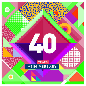 四十年贺卡周年纪念，有五颜六色的数字和框架。 标志和图标与孟菲斯风格封面和设计模板