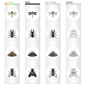 昆虫蜻蜓, 甲虫, 蝴蝶, 苍蝇。昆虫集合图标在卡通黑色单色轮廓风格矢量符号股票插图网站