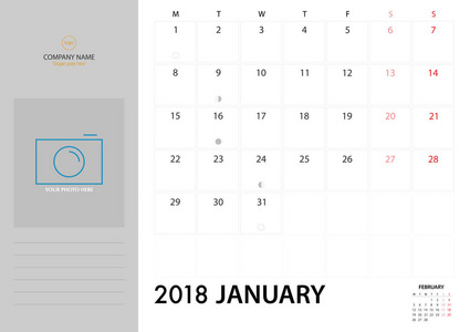 1月计划2018在白色背景为组织和步