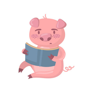 逗人喜爱的聪明的猪字符读书, 滑稽的卡通小猪动物坐在地板媒介例证