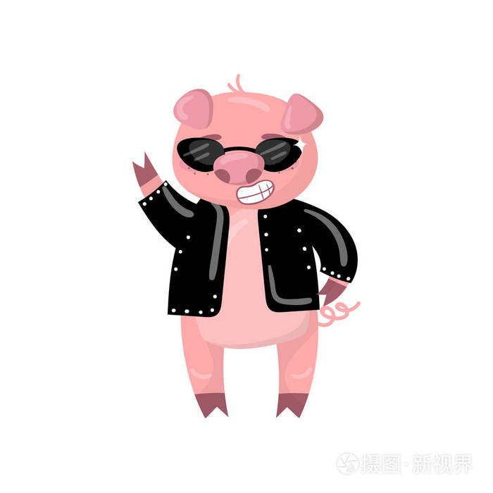 可爱的猪字符在黑色夹克和太阳镜显示胜利标志, 滑稽的卡通小猪动物