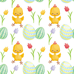 复活节无缝图案与可爱的小鸡和彩绘鸡蛋的形象。 矢量背景。