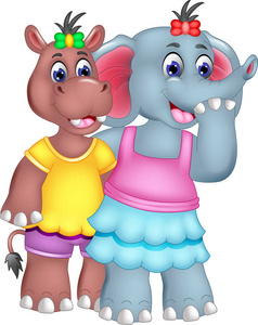 大象和河马卡通的好朋友站着拥抱照片