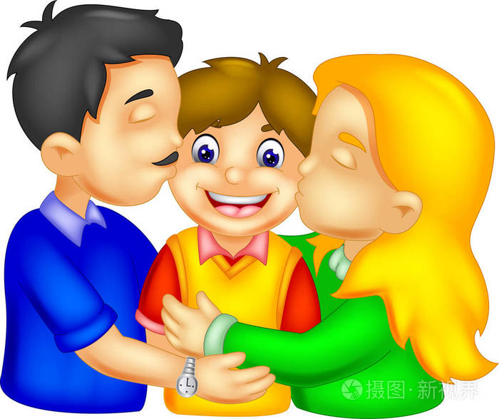 幸福的家庭卡通爸爸妈妈吻了他的儿子照片-正版商用图