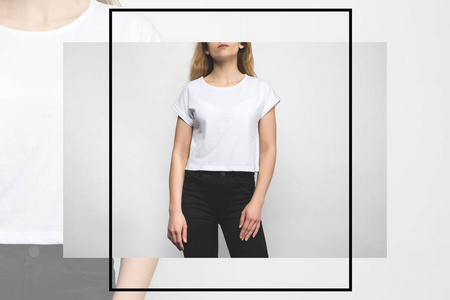 年轻女子穿着白色的空白T恤，有创意的框架
