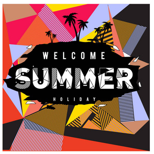 时尚的夏季卡在孟菲斯风格与棕榈树在抽象的彩色纹理。 设计假期海报卡宣传册和促销模板。