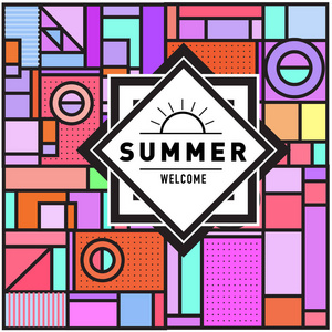 时尚欢迎夏季卡在孟菲斯风格与抽象的彩色纹理。 设计假期海报卡宣传册和促销模板。