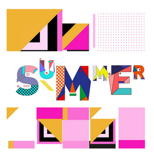 时尚的夏季卡在孟菲斯风格与抽象的彩色纹理。 设计假期海报卡宣传册和促销模板。