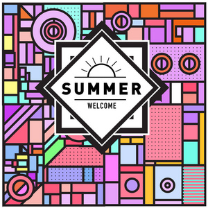 时尚欢迎夏季卡在孟菲斯风格与抽象的彩色纹理。假期假期海报卡片小册子和促销模板的设计。