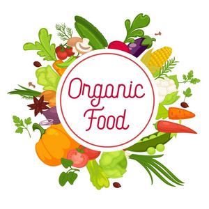 蔬菜健康食品海报有机蔬菜，新鲜健康卷心菜和素食。莴苣蔬菜香料草药番茄和花椰菜豌豆豆甜菜和胡椒