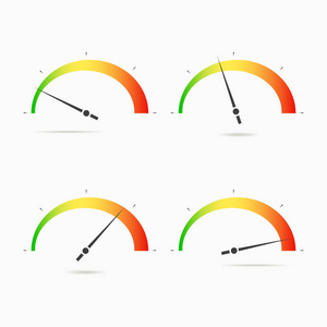 速度计图标集。 四个位置低中高速拨号。 彩色元素的信息图表。 向量
