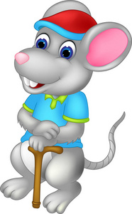 可爱的老鼠卡通站着,带着棍子微笑照片