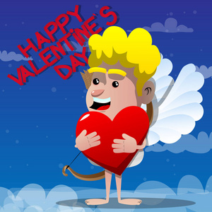 丘比特抱着红色的大心脏。 矢量卡通人物插图。
