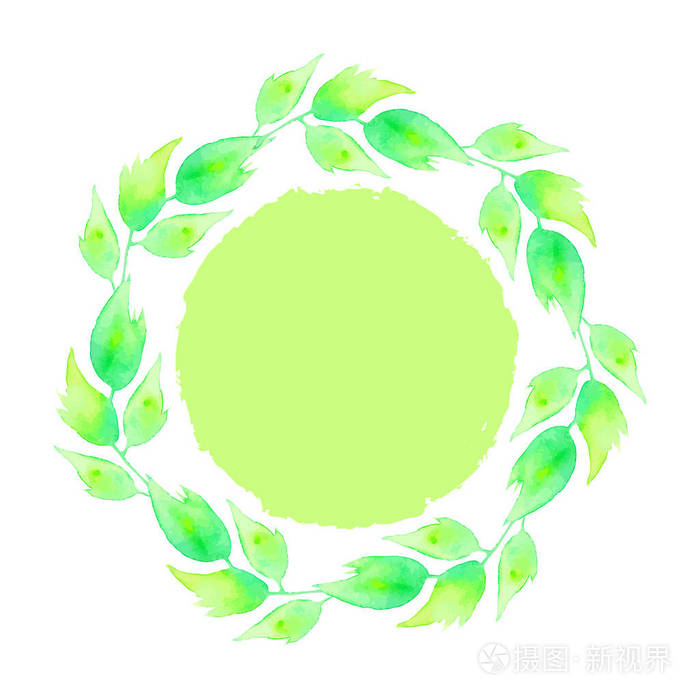 浅绿色圆形背景的文本与黄色绿色的叶子,水彩风格,位于圆圈的周长.