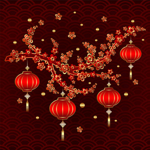 七彩背景下的新年大红灯笼图片
