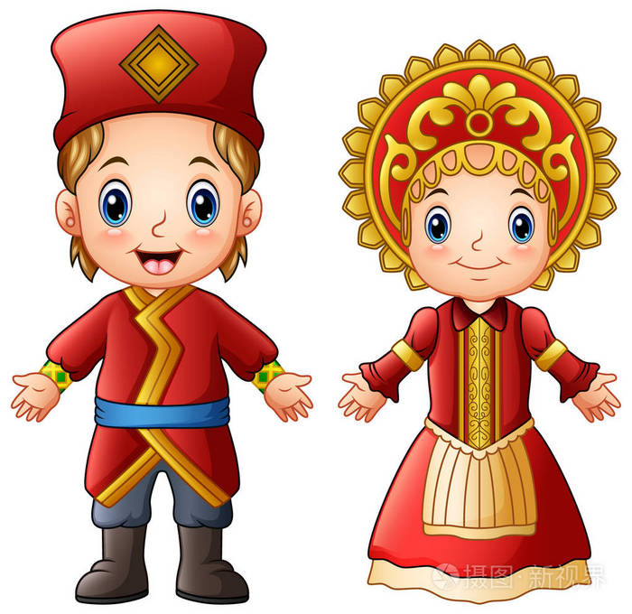 卡通俄罗斯夫妇穿着传统服装的矢量插图