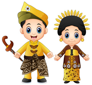 卡通马来西亚夫妇穿着传统服装的矢量插图