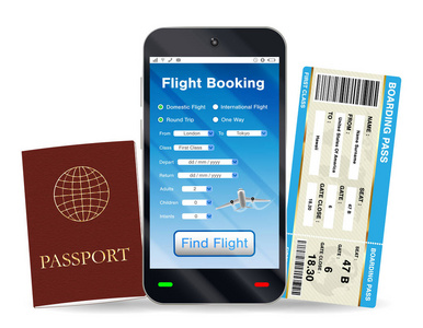 智能手机应用程序在线航班预订和飞机