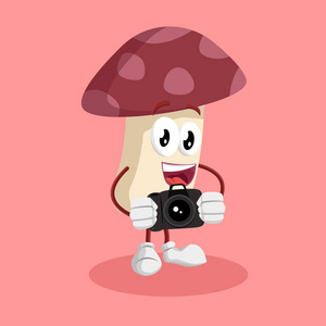 蘑菇吉祥物和背景与相机姿态与平面设计风格为您的吉祥物品牌。