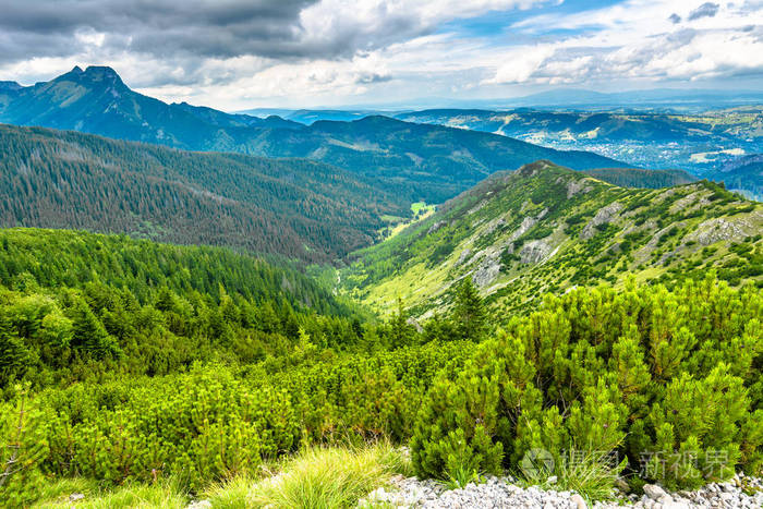山谷和山脉景观与山顶的天空背景