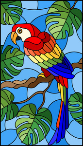 插图在彩色玻璃风格的鸟鹦鹉在树枝上的热带树对天空