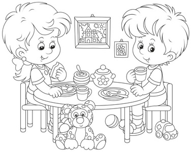 孩子们在幼儿园吃早餐时,用一幅黑白矢量插图,用一种有趣的卡通风格
