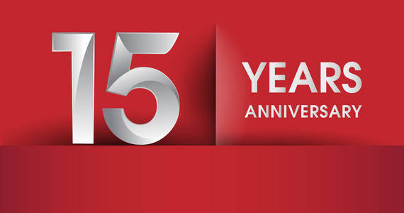 十五周年庆典标志平面设计孤立在红色背景矢量元素上,用于横幅邀请卡