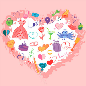 五颜六色的手绘情人节符号集。有趣的涂鸦图画的心, 礼物, 戒指, 气球排列在一个形状的心脏