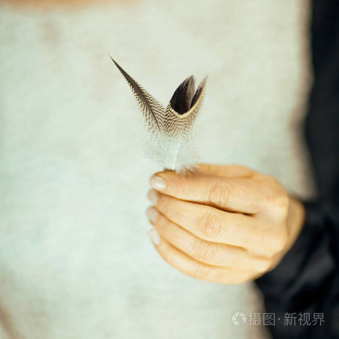 女人手中握着一根羽毛轻盈的粉彩可以作为浪漫的背景