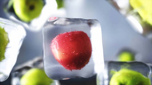 冰立方里的苹果。食物和广播概念。现实的冰材料。3d 渲染