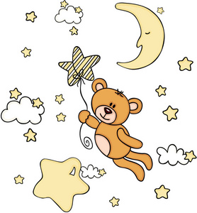 玩具熊天泰迪熊带着星星形状的气球在天空中飞翔照片