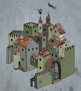童话创意城堡或堡垒。复古风格, 纹理颜色矢量插图