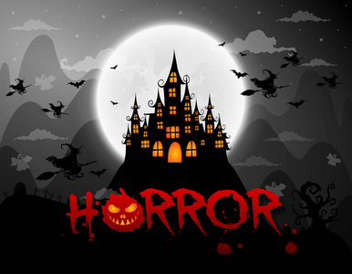 闹鬼的房子和满月的幽灵, 恐怖的夜晚背景.v照片