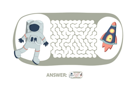 儿童迷宫与宇航员和火箭。益智游戏的孩子, 矢量迷宫插图