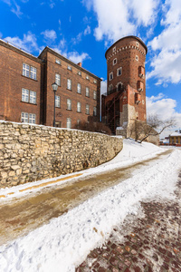 阳光明媚的冬日，波兰克拉科夫，通往瓦维尔皇家城堡的街道