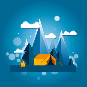 日夜在山上或森林里露营，有帐篷和火。 垂直互联网横幅或设计明信片传单或海报。 矢量图。