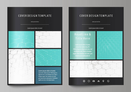 业务模板为小册子 传单 小册子 报告。覆盖在 A4 大小的抽象矢量布局设计模板。化学模式，六角形分子结构上蓝色。医学技术的